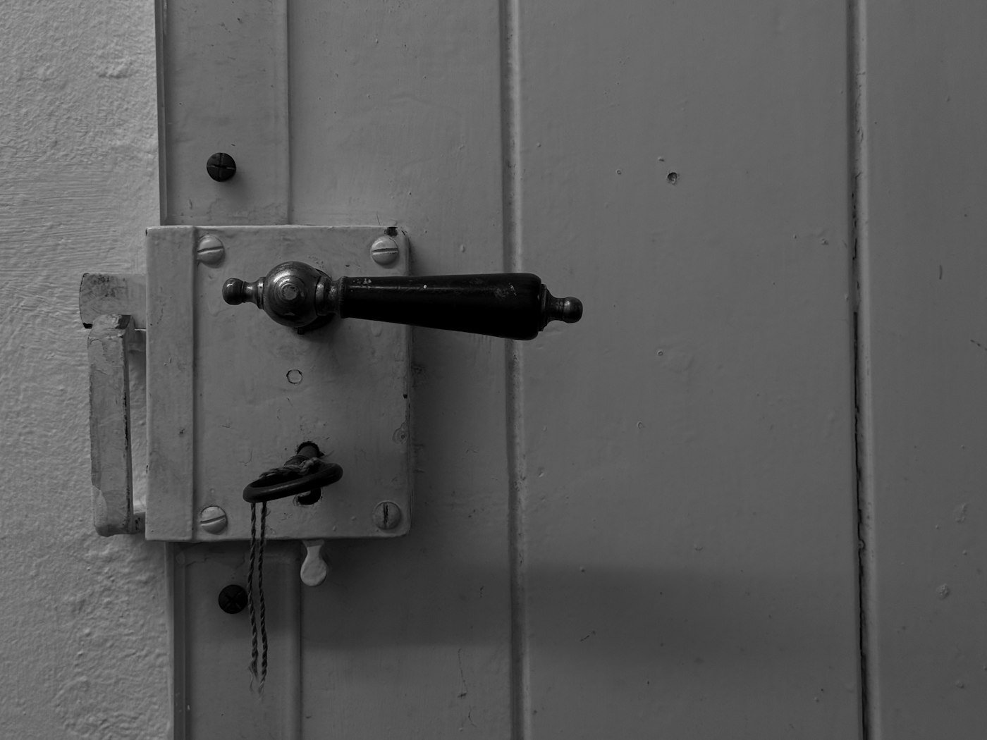 Door handle and rim lock with a key in the keyhole